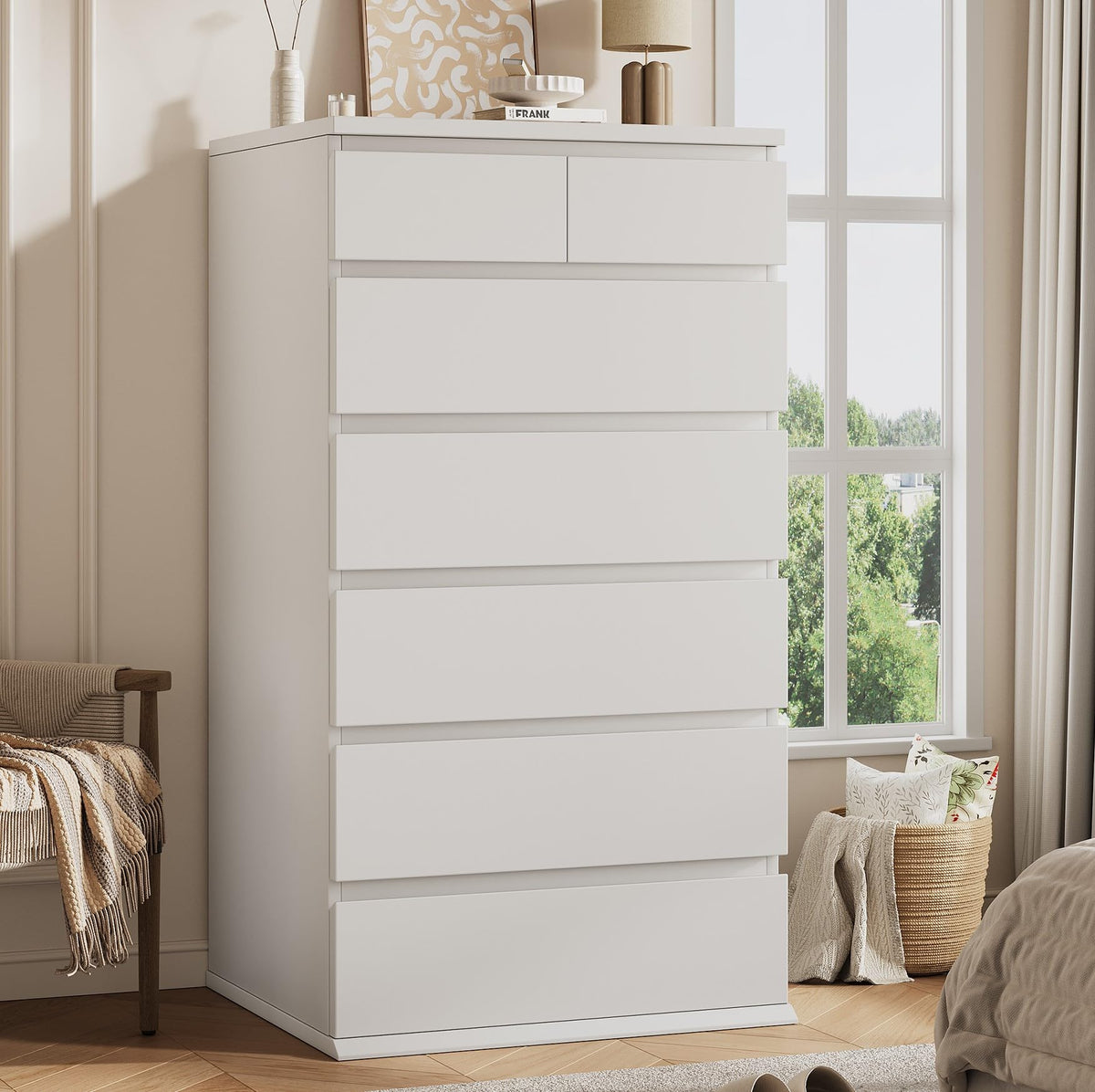 White Tall 7 Drawer Wood Dresser W389