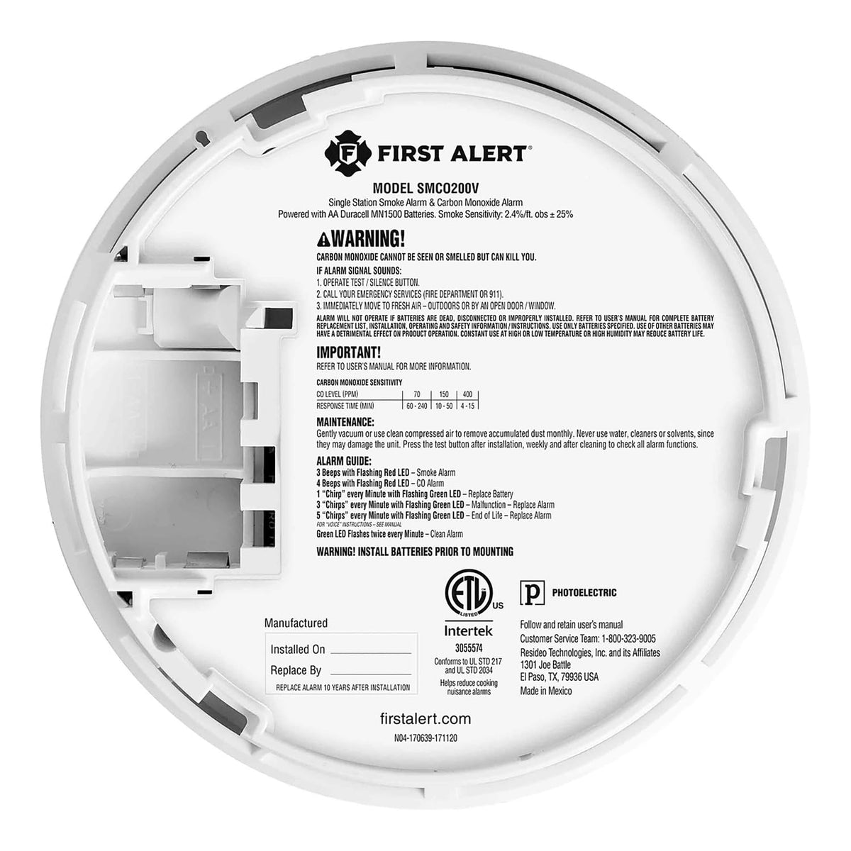 Battery-Powered Photoelectric Smoke and Carbon Monoxide Detector T993