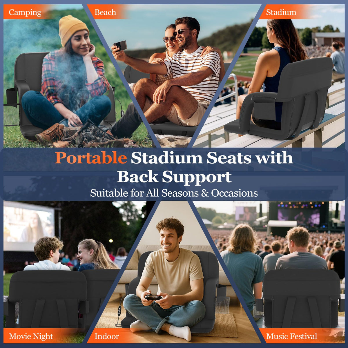 23" Heated Stadium Seats with Back Support, 2.5" Thick Cushion, 2PC T93244
