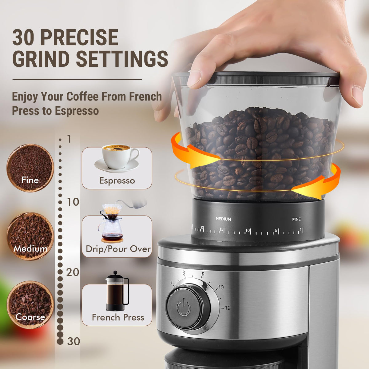 Electric Conical Burr Coffee Grinder with 30 Grind Settings B918