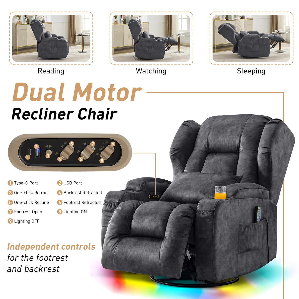 Dual Motor Power Swivel Rocker Recliner Chairs with Massage & Heat L161