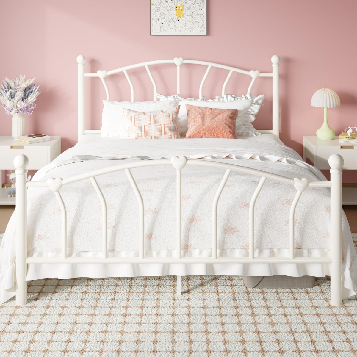 Full Size Cream White Metal Bed Frame H2722
