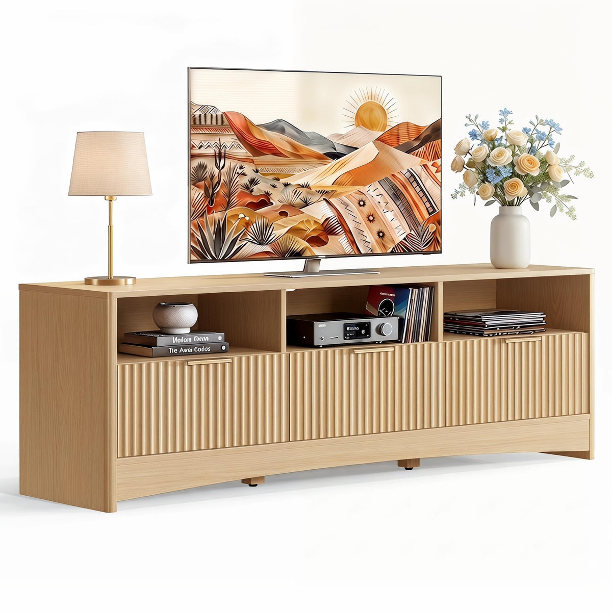Oak Fluted TV Stand for 65 inch TV with Drawers R9303