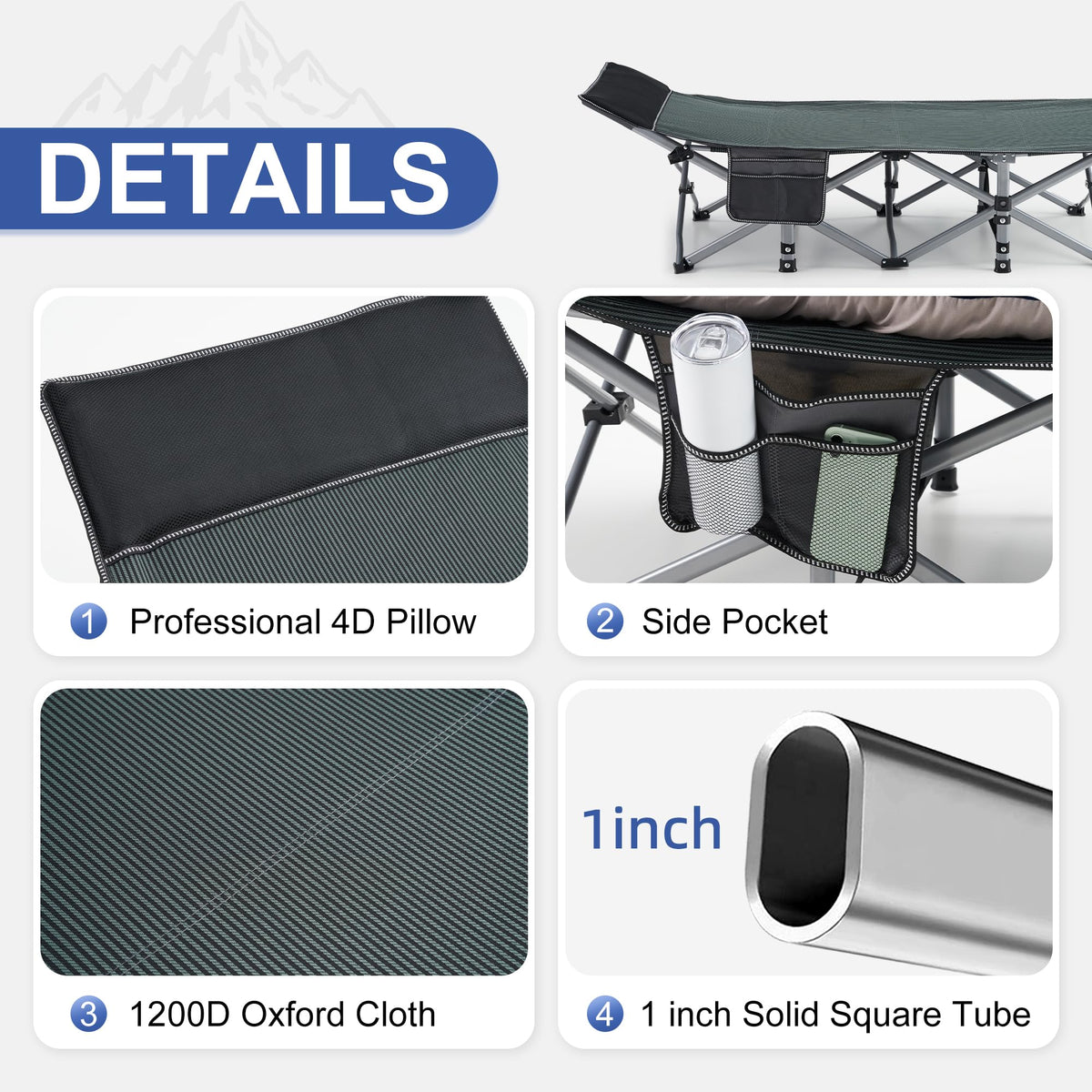 Blue Camping Cot with Cushion, Pillow and Carry Bag J510363