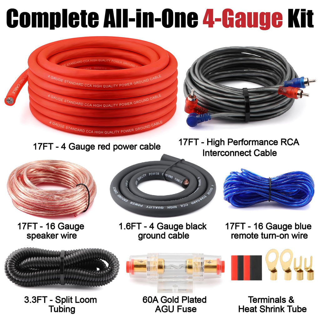 4 Gauge Audio Amplifier Wiring Kit 1200W CCA with Fuse & RCA D512