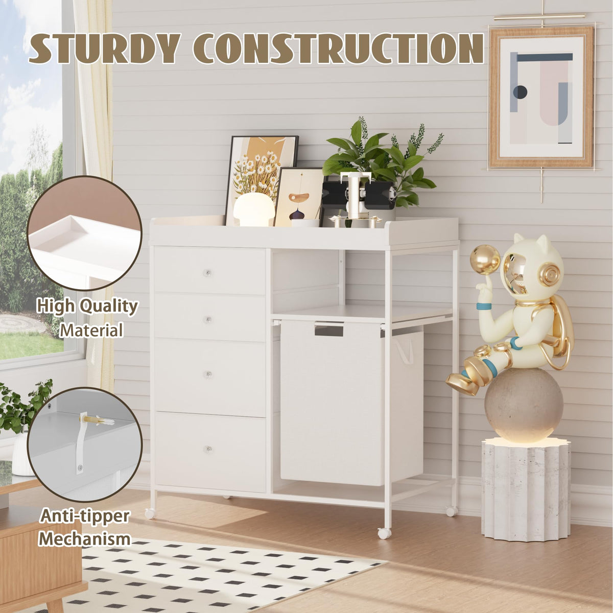 White 4 Drawer Changing Table Dresser with Laundry Hamper T7742