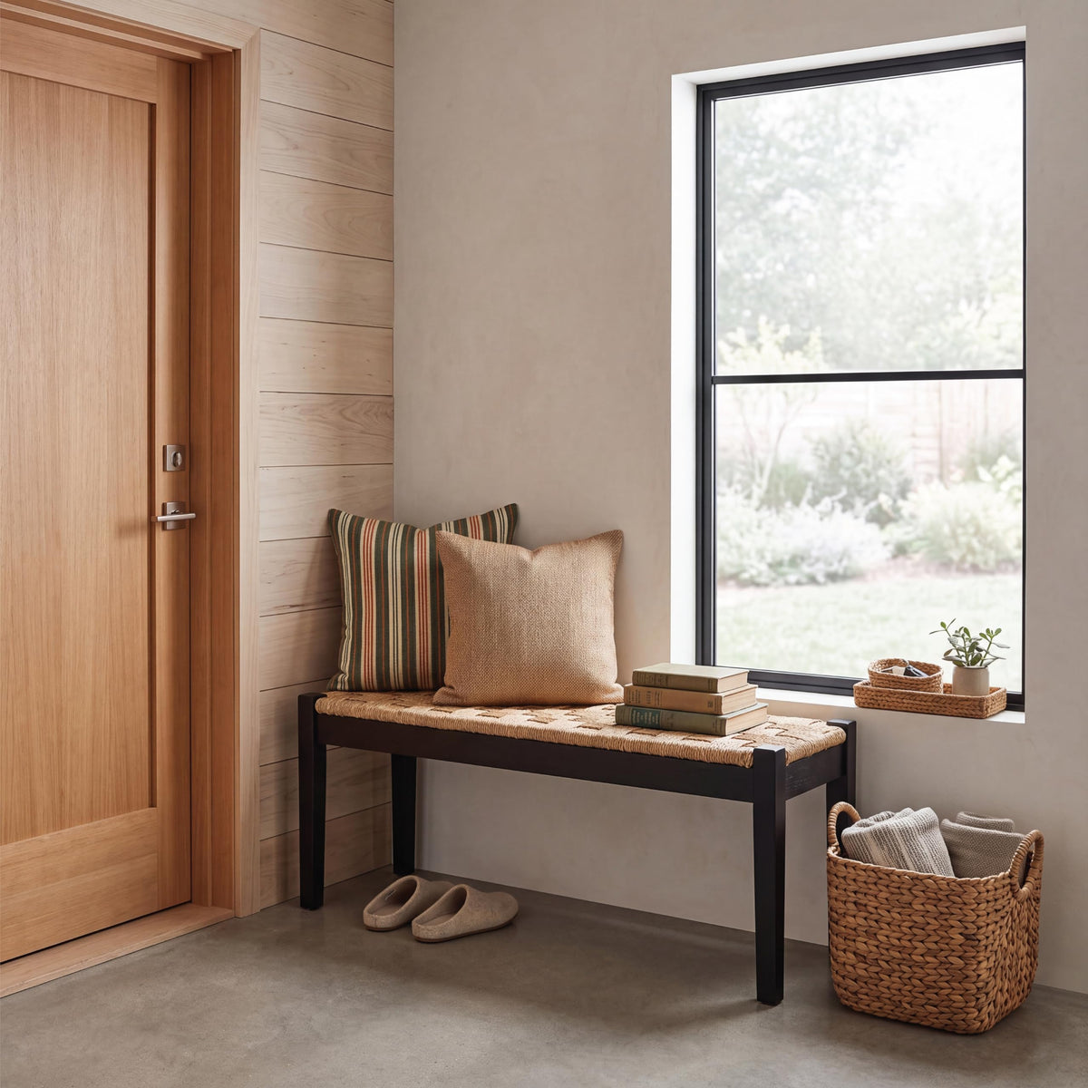 46-Inch Acacia Wood Entryway Bench with Woven Seagrass Seat Z4139