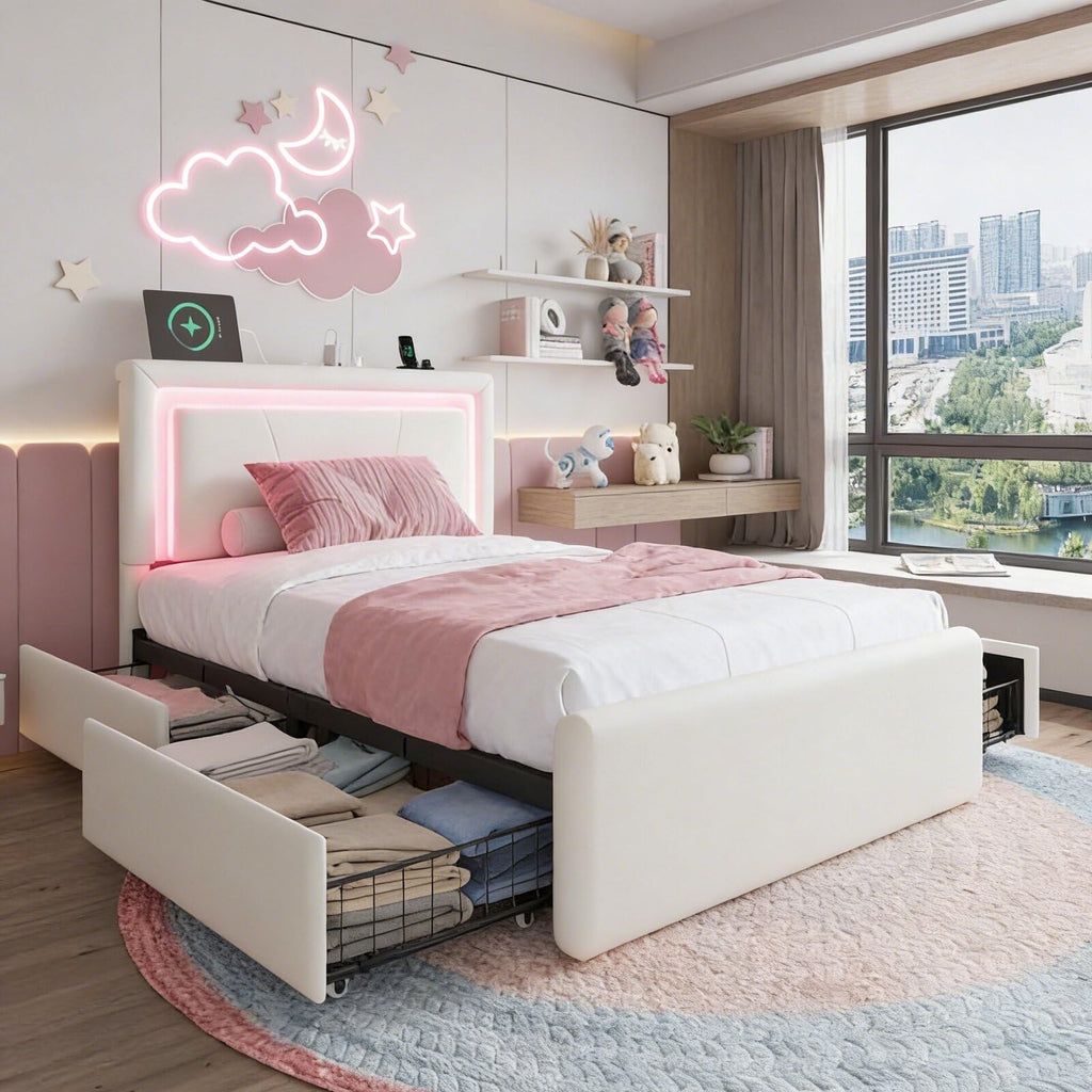 White Twin Size Bed Frame with 4 Storage Drawers K116285