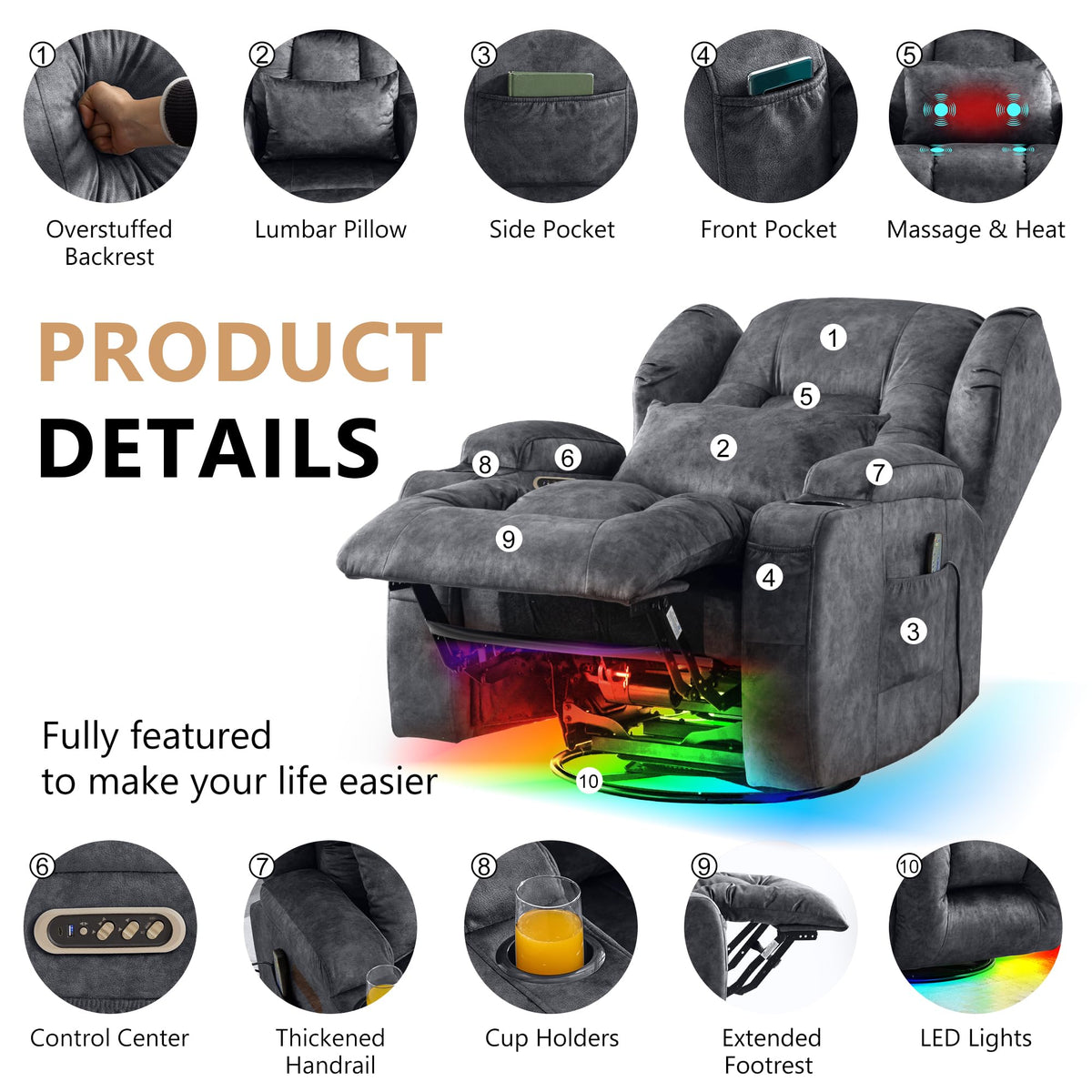Dual Motor Power Swivel Rocker Recliner Chairs with Massage & Heat L161