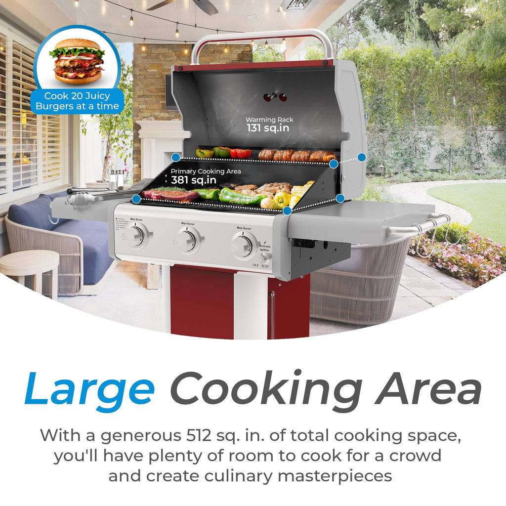 3-Burner Liquid Propane Gas Grill with Folding Sides, Wheels, 30000 BTU, Red W849514