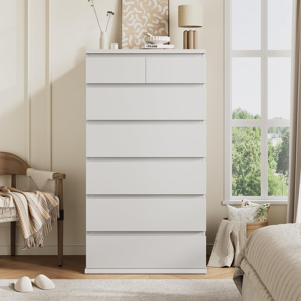 White Tall 7 Drawer Wood Dresser W389