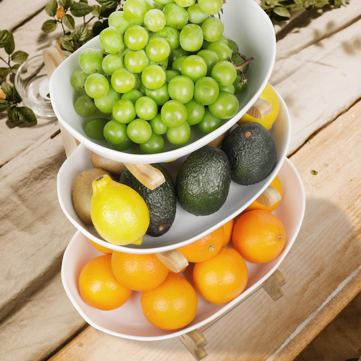 3 Tier Ceramic Fruit Bowl with Bamboo Stand F5902
