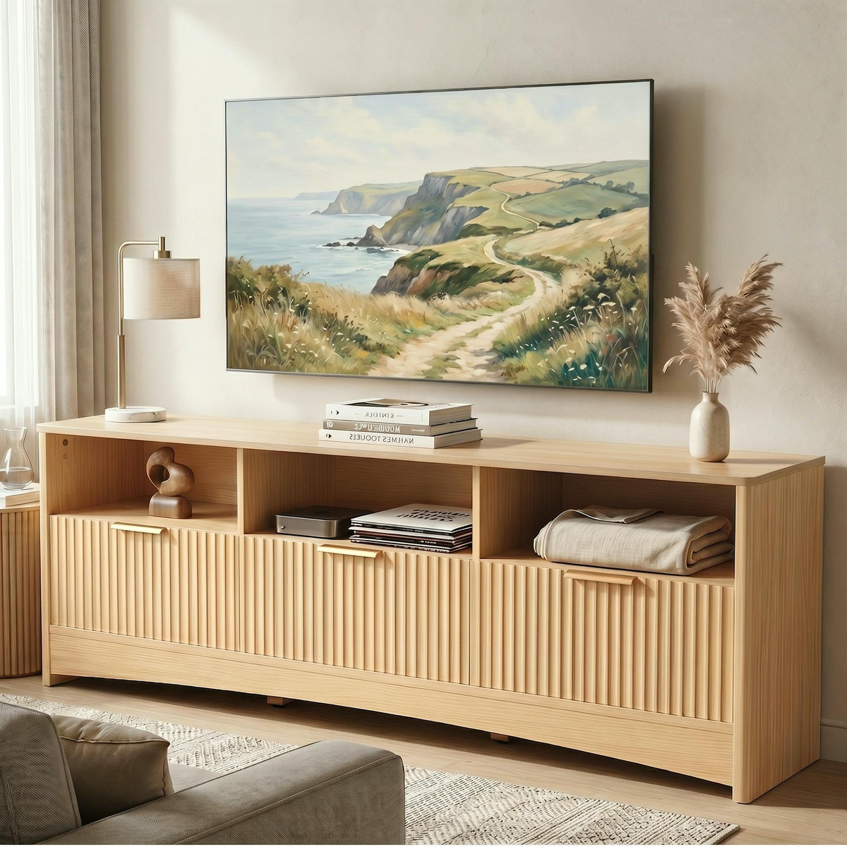 Oak Fluted TV Stand for 65 inch TV with Drawers R9303
