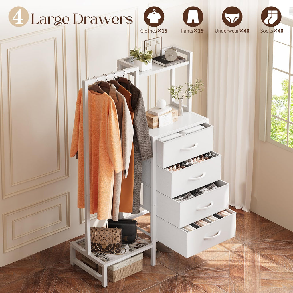 White 4 Drawer Dresser with Hanging Rack K515965
