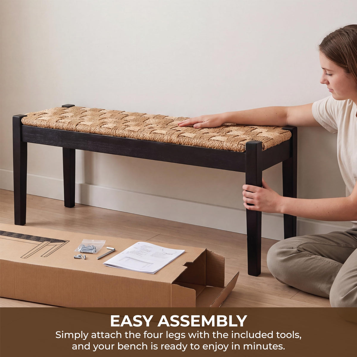 46-Inch Acacia Wood Entryway Bench with Woven Seagrass Seat Z4139