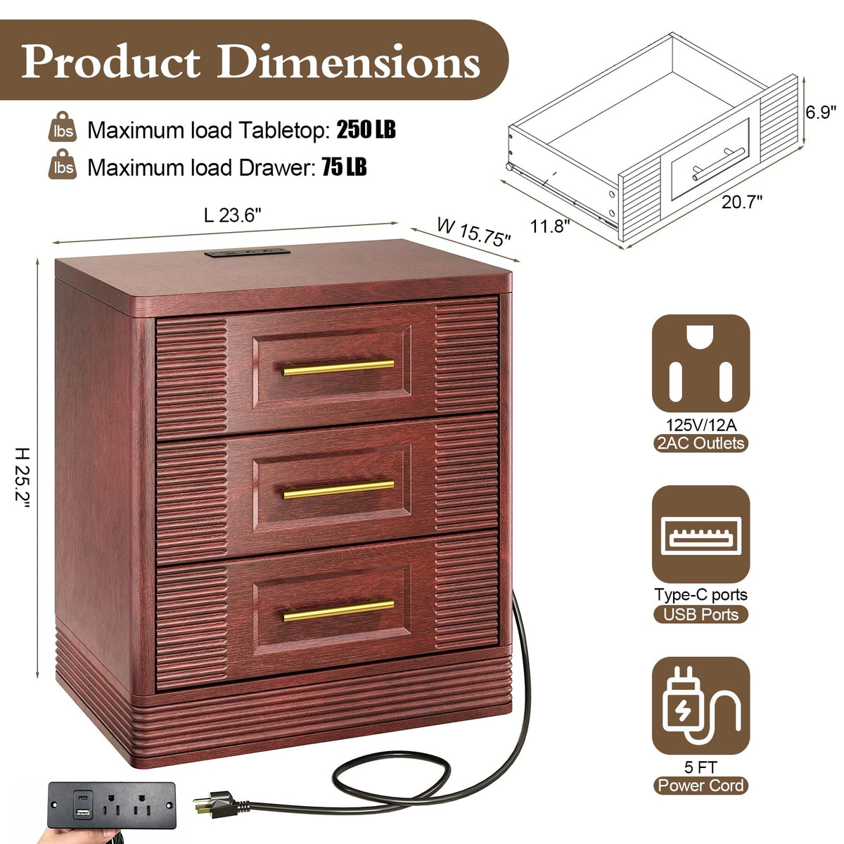 Walnut Nightstand with Charger Station Z5220