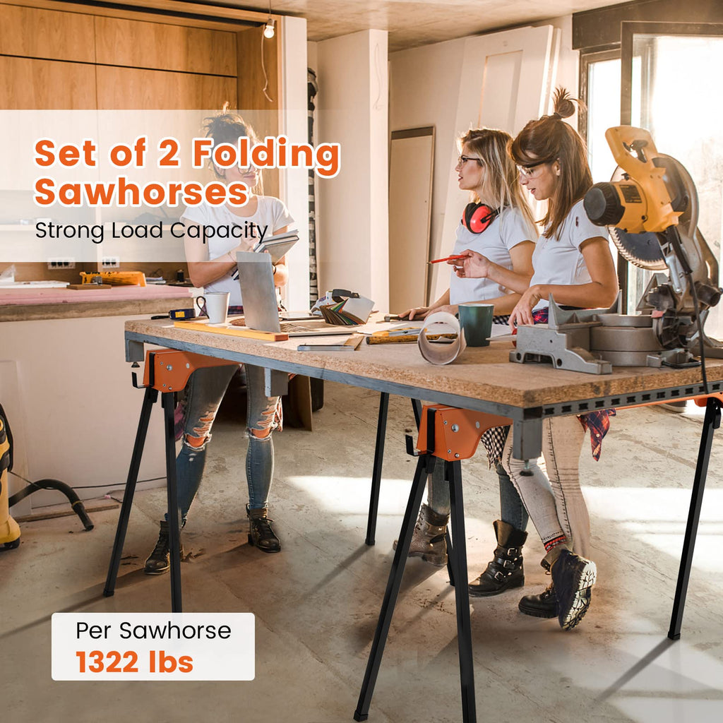 Folding Saw Horses 2 Pack 2644 LBS Capacity with Hooks F416