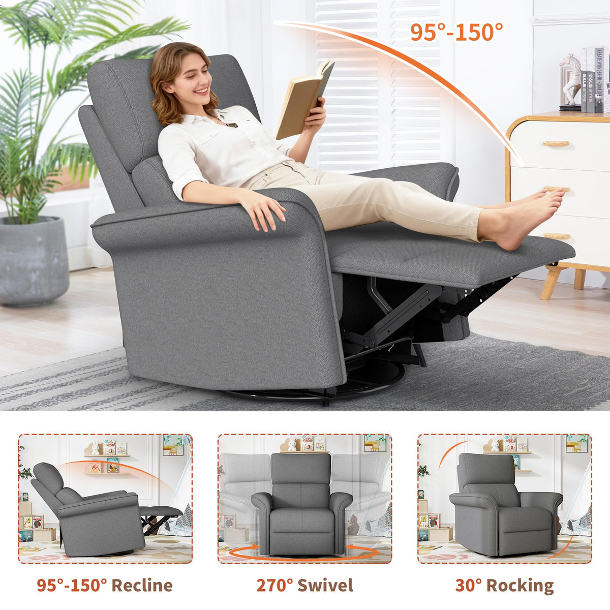 30" Dark Gray Power Swivel Rocker Recliner Chair Z240