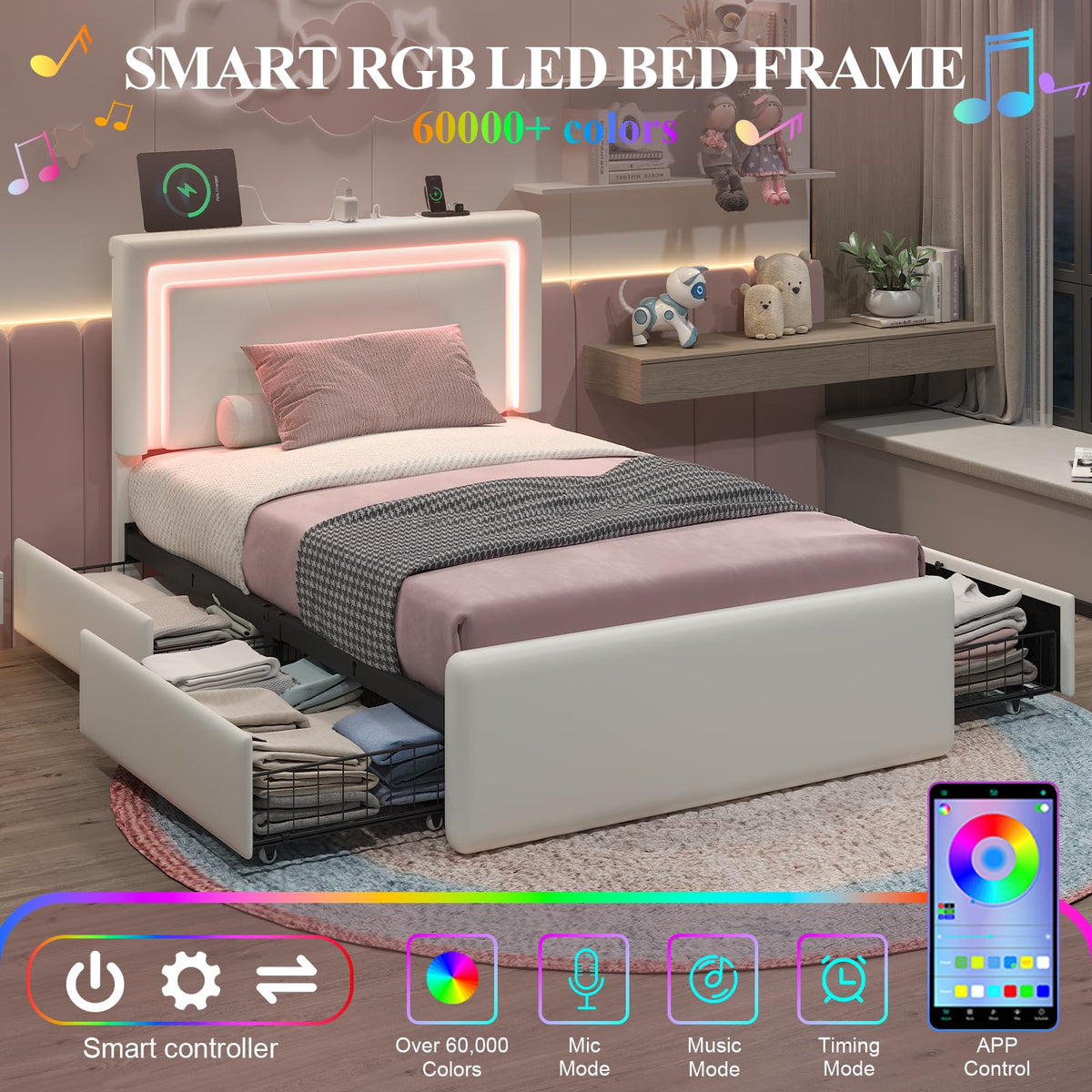 White Twin Size Bed Frame with 4 Storage Drawers K116285