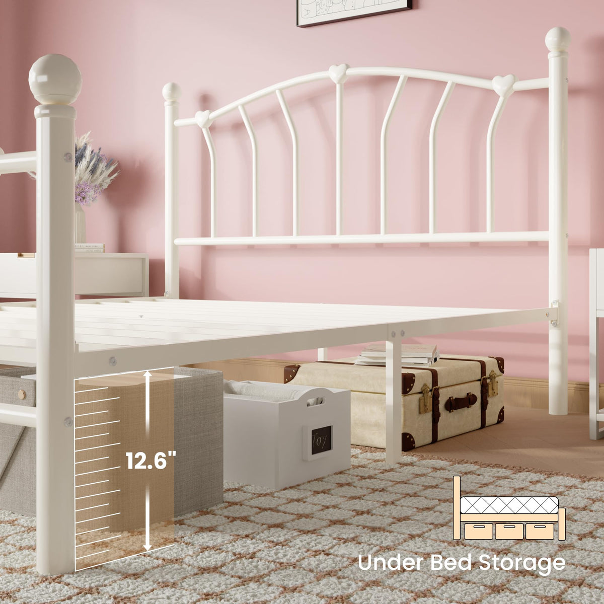Full Size Cream White Metal Bed Frame H2722