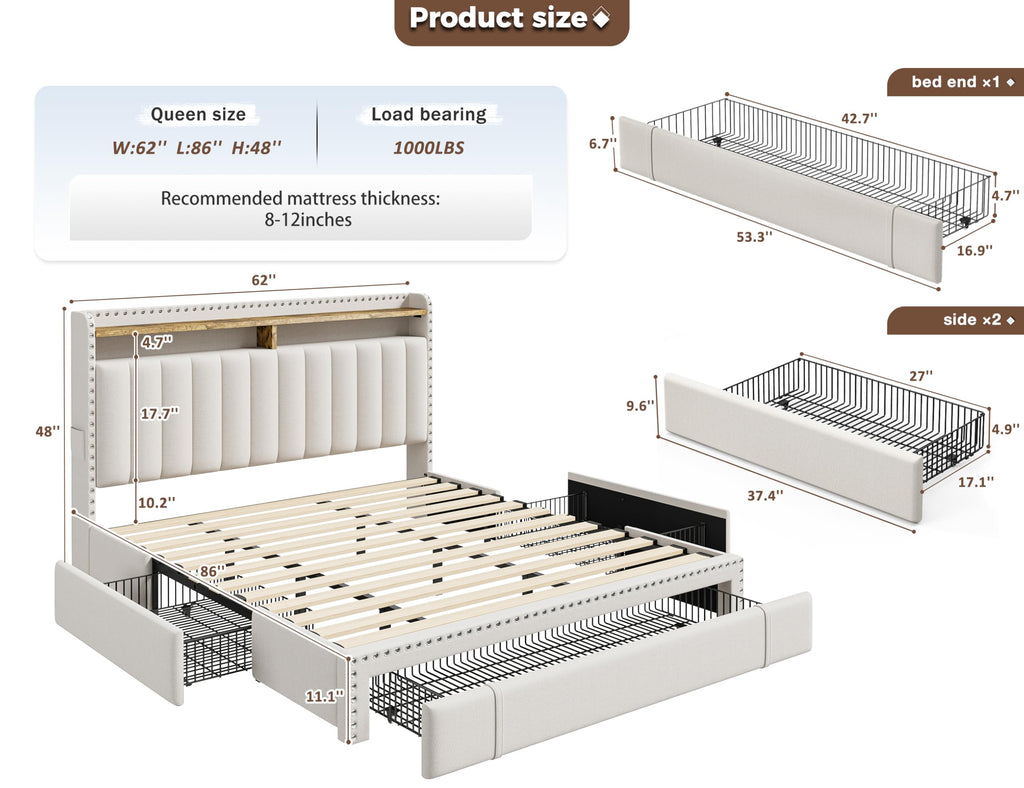 Queen Bed Frame with 3 Storage Drawers & Headboard Q53339