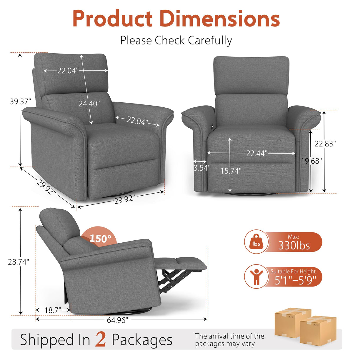 30" Dark Gray Power Swivel Rocker Recliner Chair Z240