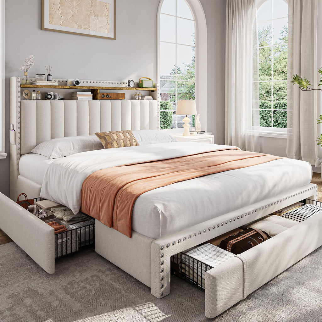 Queen Bed Frame with 3 Storage Drawers & Headboard Q53339