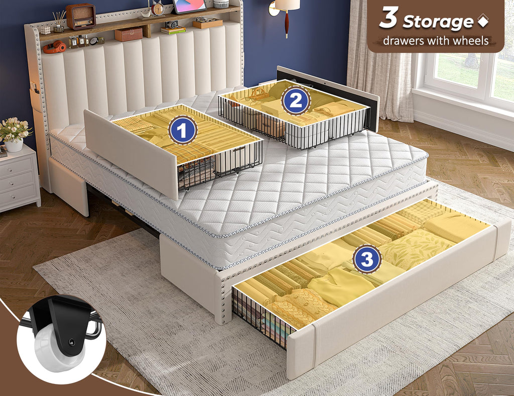 Queen Bed Frame with 3 Storage Drawers & Headboard Q53339