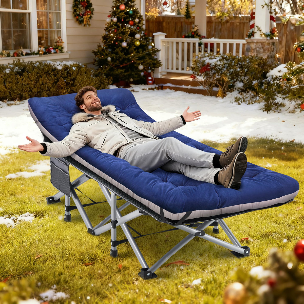 Blue Camping Cot with Cushion, Pillow and Carry Bag J510363