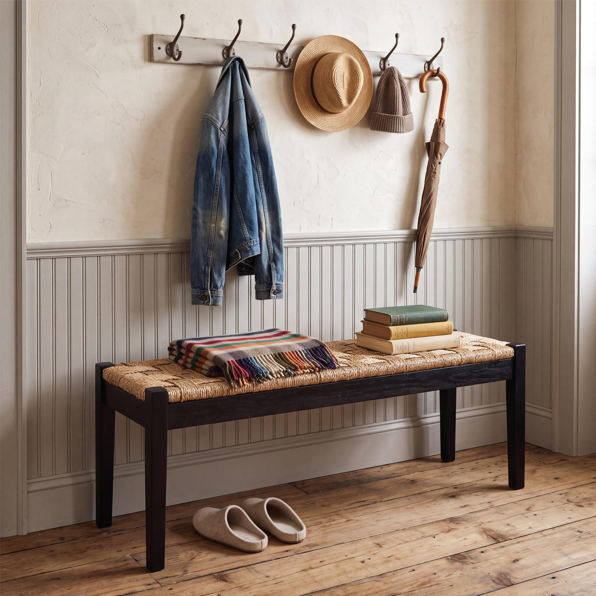 46-Inch Acacia Wood Entryway Bench with Woven Seagrass Seat Z4139
