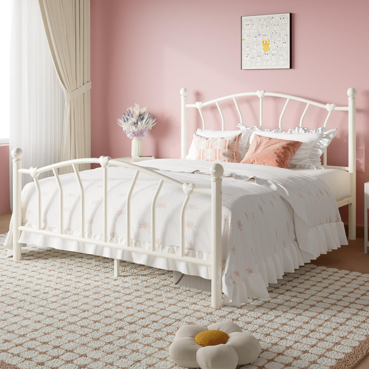 Full Size Cream White Metal Bed Frame H2722