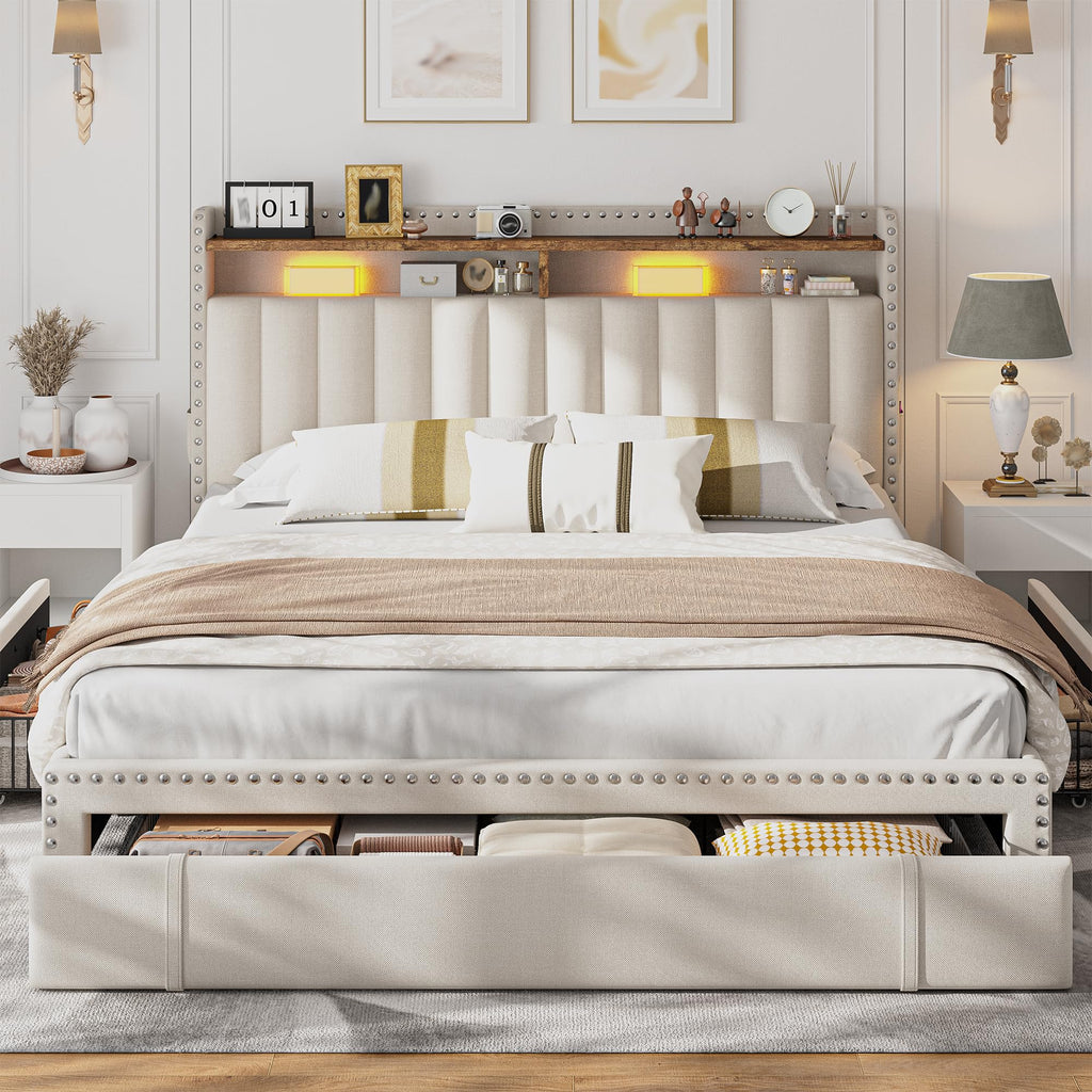Queen Bed Frame with 3 Storage Drawers & Headboard Q53339