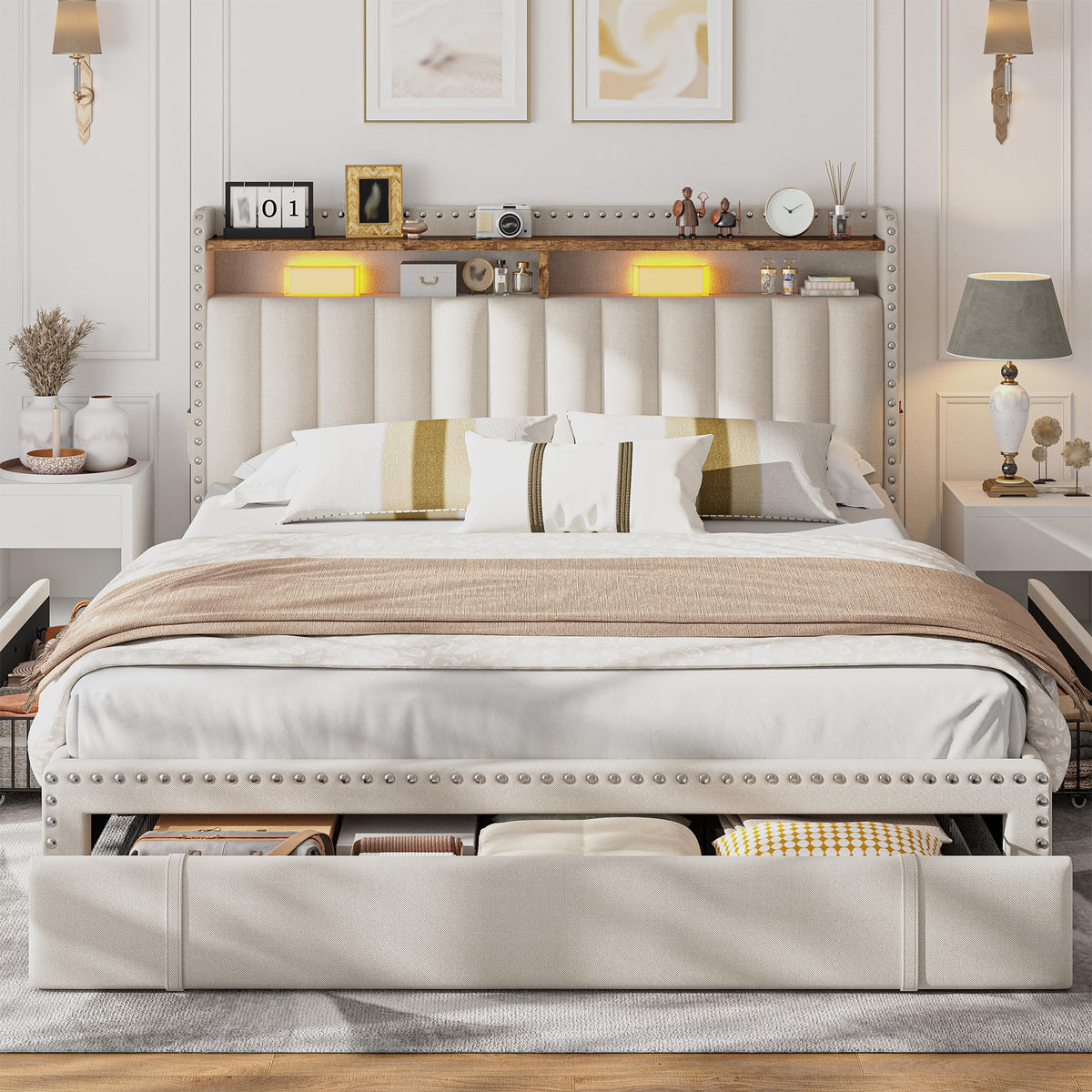 Queen Bed Frame with 3 Storage Drawers & Headboard Q53339