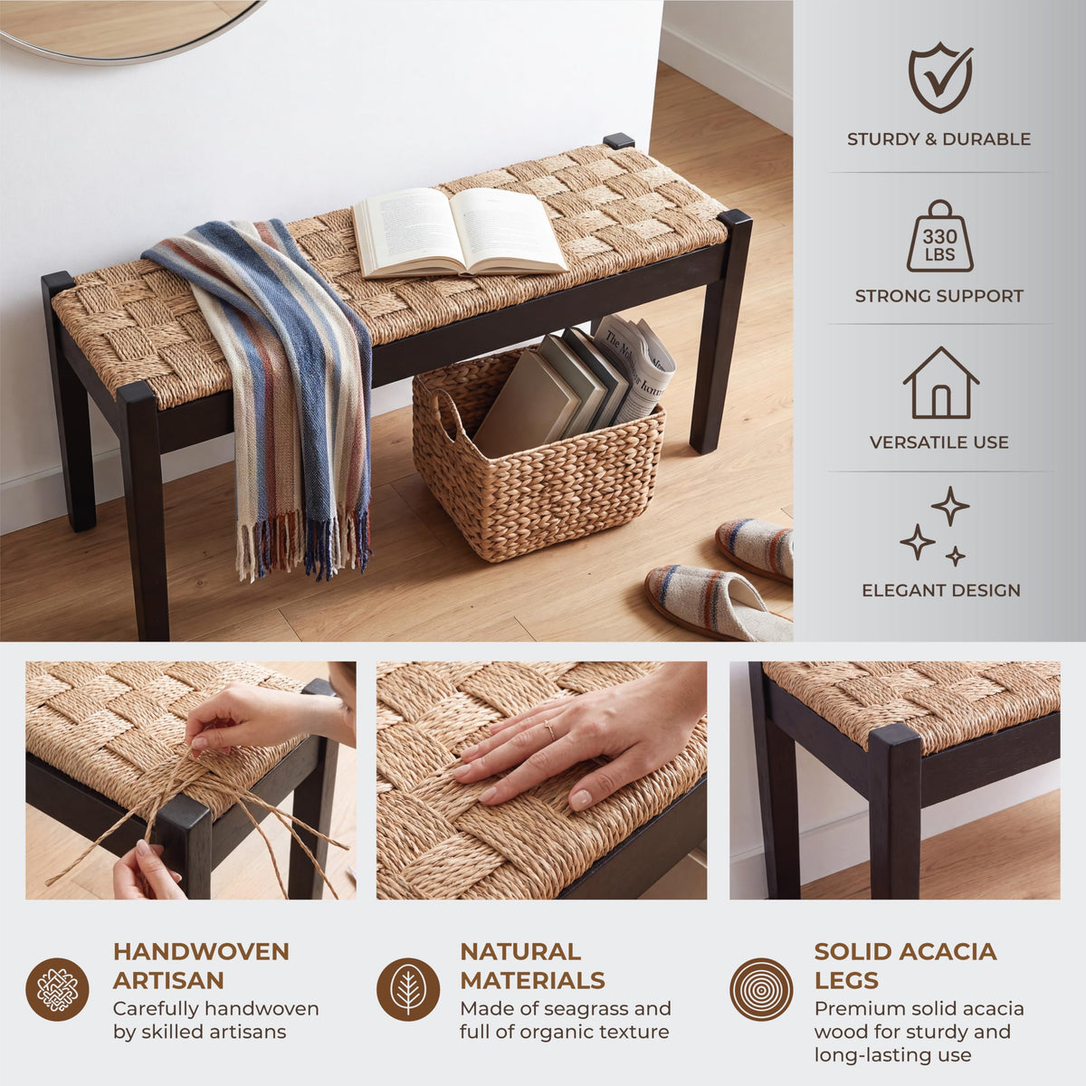 46-Inch Acacia Wood Entryway Bench with Woven Seagrass Seat Z4139