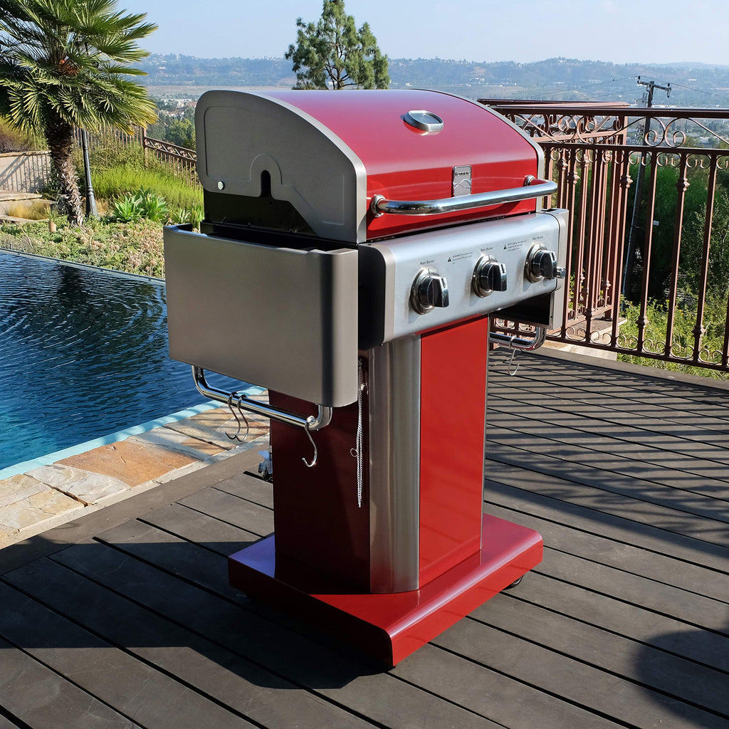 3-Burner Liquid Propane Gas Grill with Folding Sides, Wheels, 30000 BTU, Red W849514