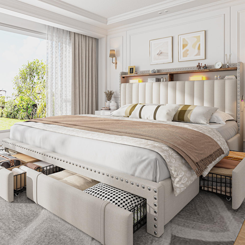 Queen Bed Frame with 3 Storage Drawers & Headboard Q53339