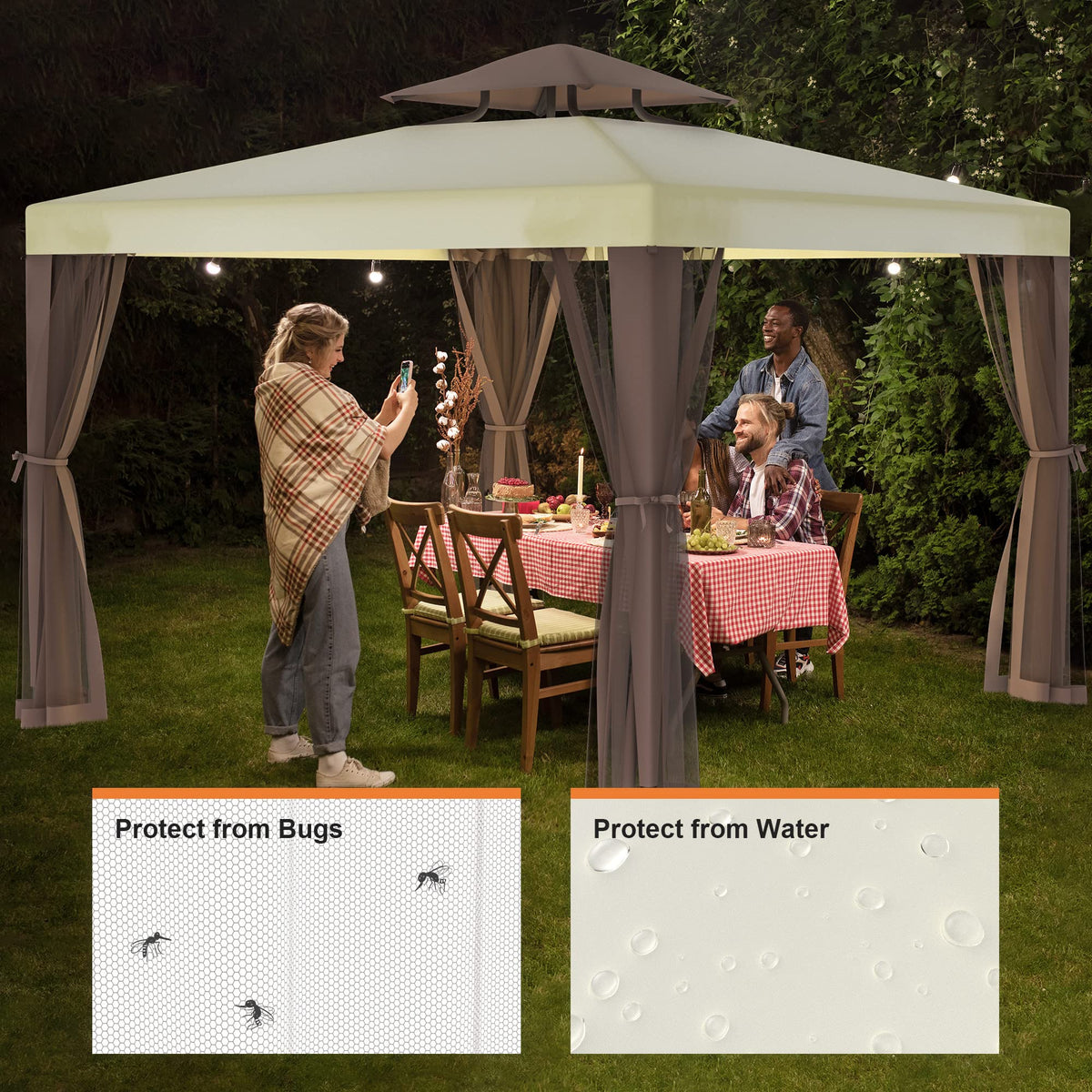 10'x10' Waterproof UV-Resistant 2-Tier Canopy Tent with Mosquito Netting F8028